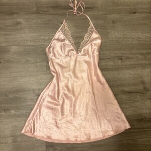 Blush Satin Halter Dress with Lace Detail